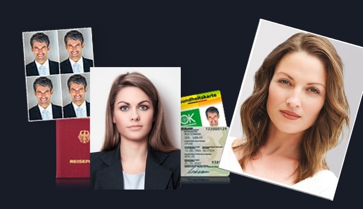 Verschiedene Passbilder und Ausweisdokumente, darunter ein roter Reisepass und eine Gesundheitskarte