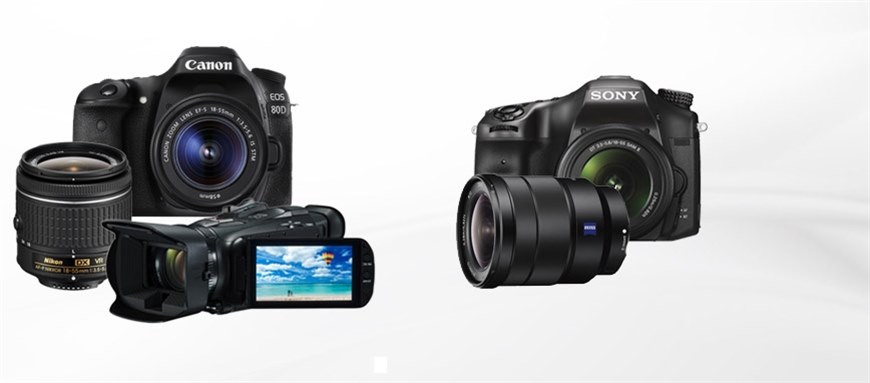 Canon EOS 800D Spiegelreflexkamera mit Objektiv, Nikon Camcorder mit geöffnetem Display, Sony Digitalkamera mit großem Objektiv